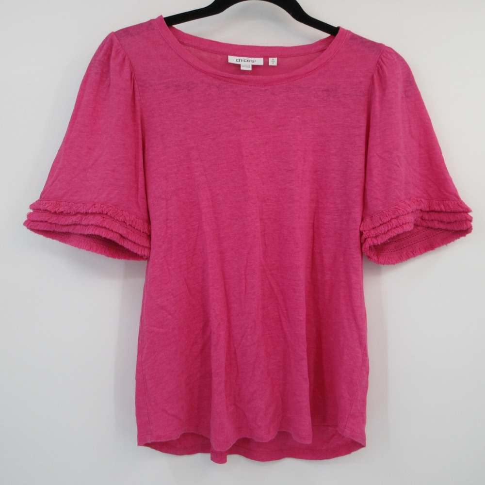 Chicos Pink 100% Linen Short Sleeve Fringe Tiered Top Size 0 S Scoop Neck